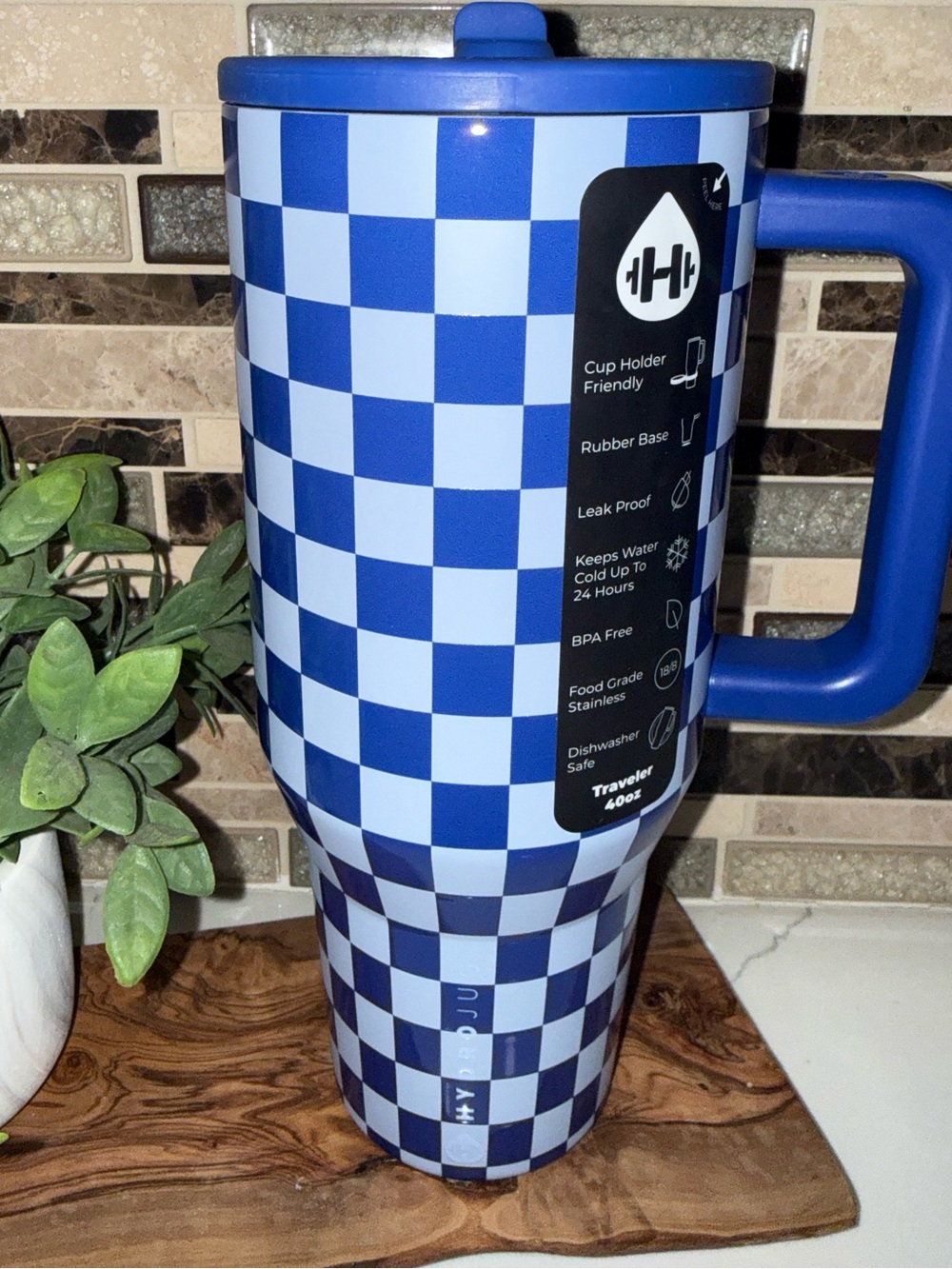 Hydrojug 40 oz blue checkers traveler